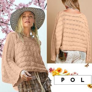 POL Honey Gold Round Neck Cable Knit Semi Cropped Sweater Large NWT